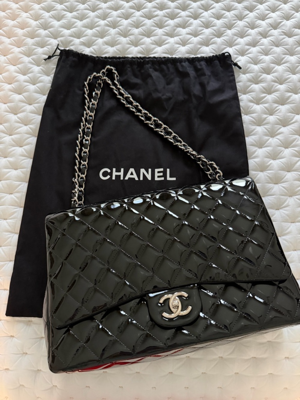 Authentic Chanel Classic Maxi Bag, Black Quilted Patent Leather/Silver Hardware